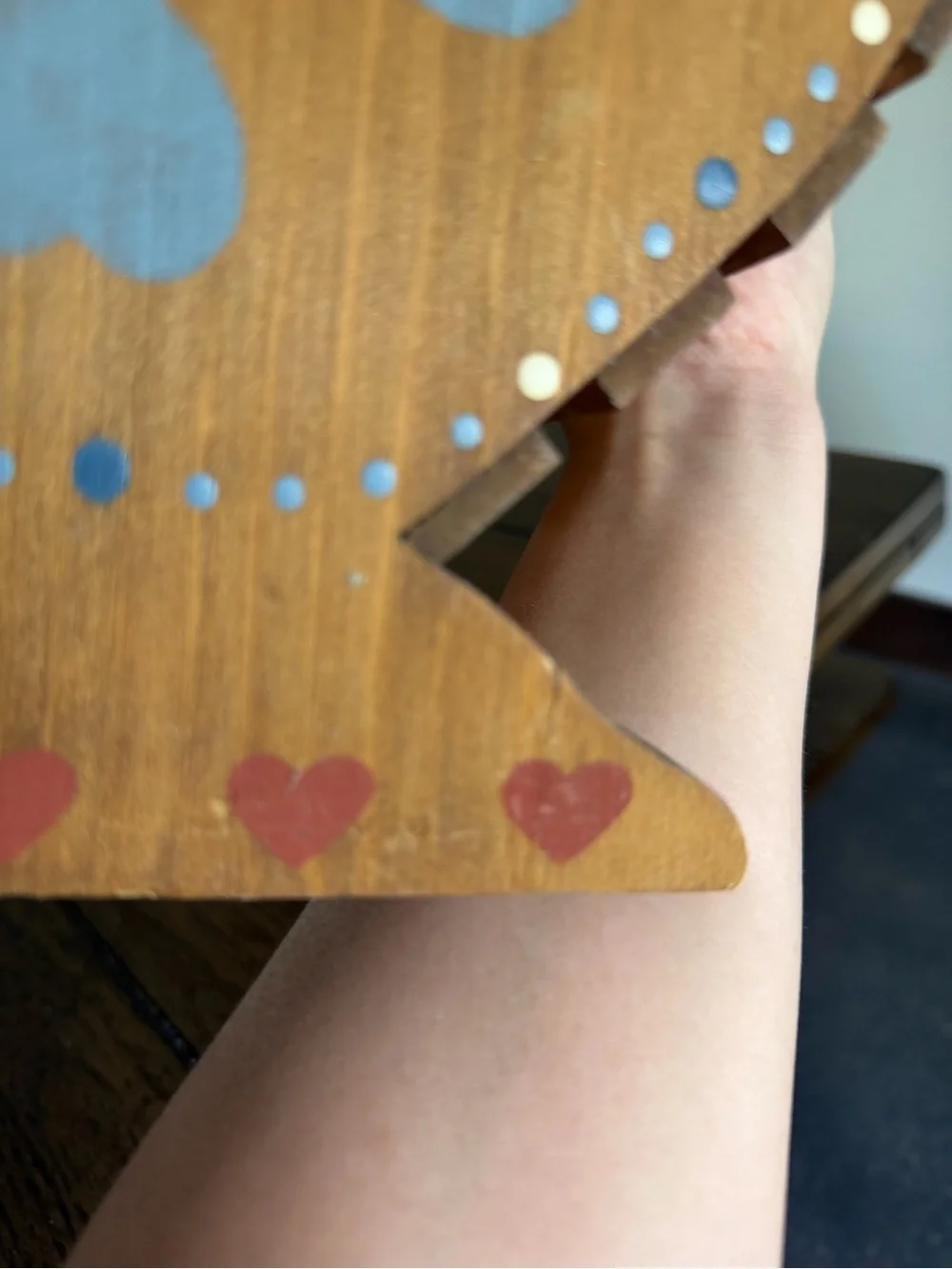 Vintage Wooden Heart Slat Basket Caddy Handle Blue Folk Art Stencil Cottagecore